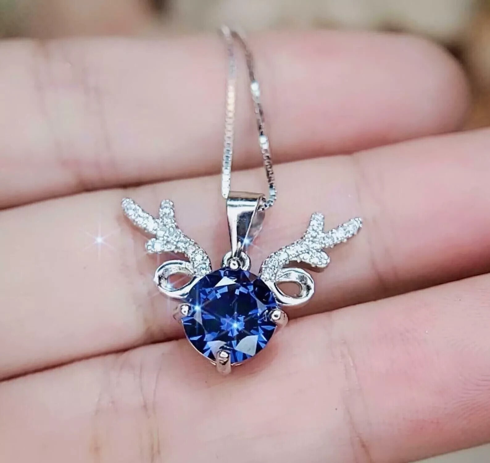 Round Simulated Blue Sapphire Stunning Women’s Pendant 14K White Gold Plated