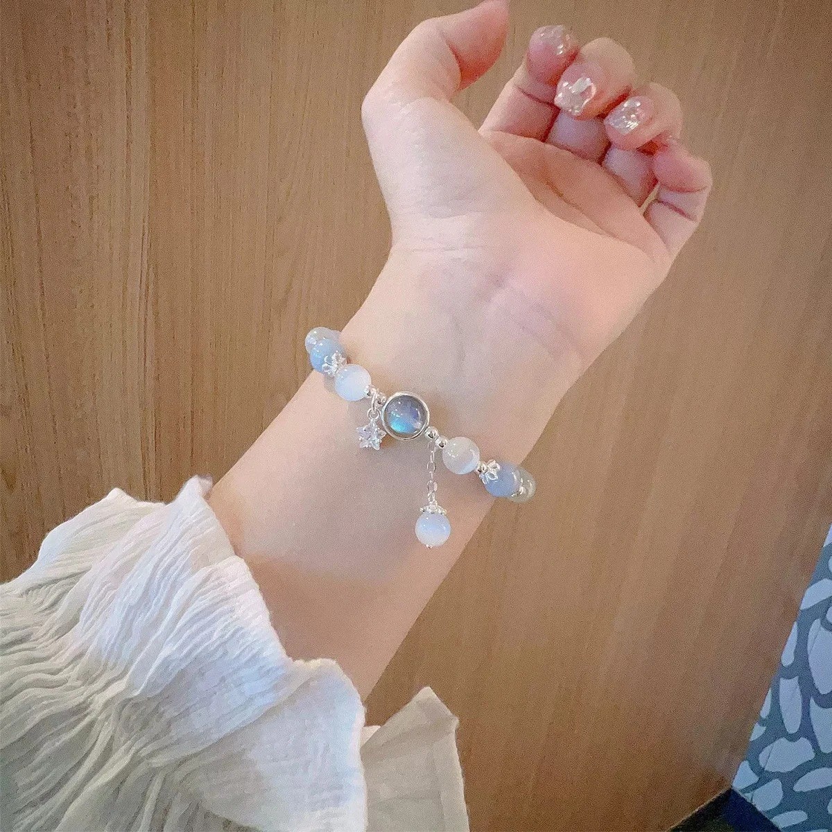 Women Blue Moonstone Cat Eye Pendant Crystal Bead Bracelet Gift Jewelry