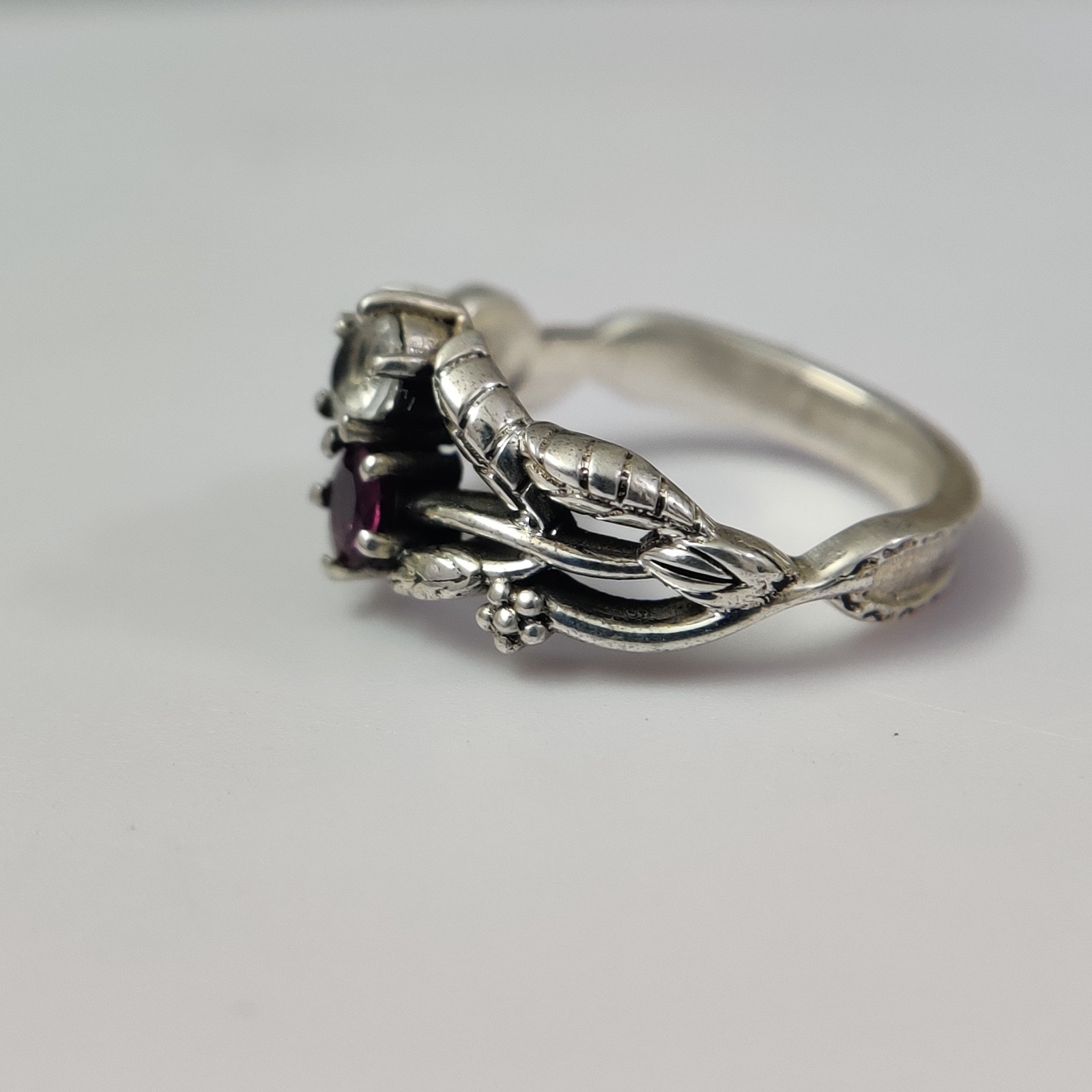 Nature Garnet Rainbow Moonstone 925 Silver Leaf Vine Floral Ring Wedding Band