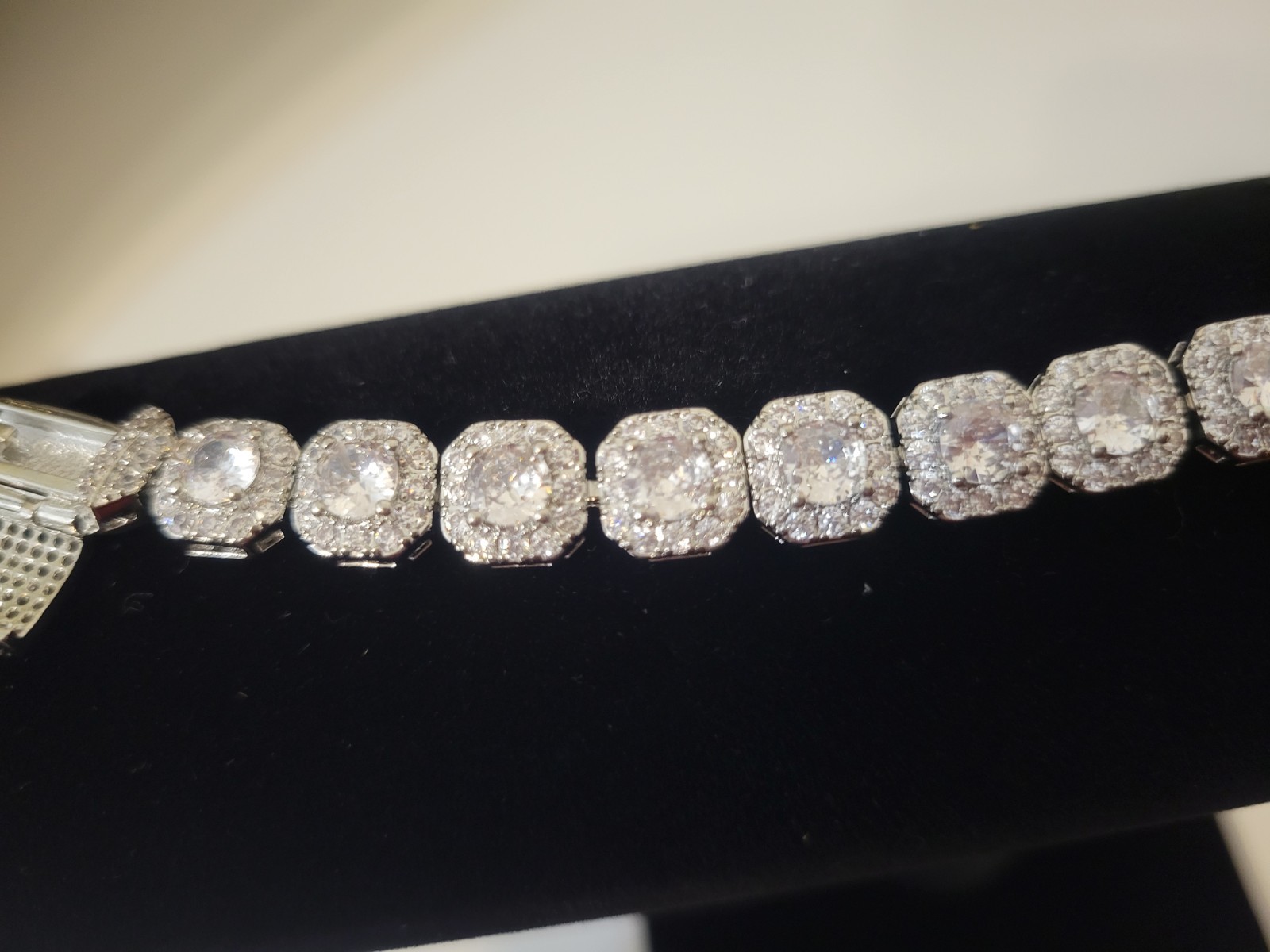 Silver Tone Cushion Cut Halo Simulated CZ Tennis Bracelet Box Clasp Closure