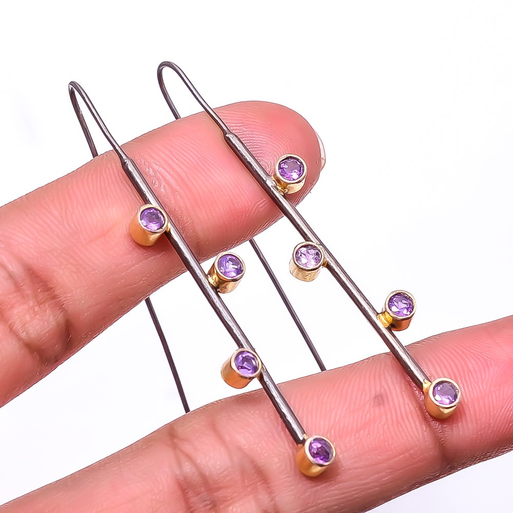 Amethyst 925 Sterling Silver Black And Gold Rhodium Plated Earring 2.15″ E34