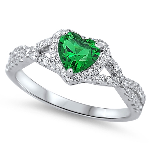 Twisted Heart Engagement Ring Simulated Emerald CZ Sterling Silver NEW