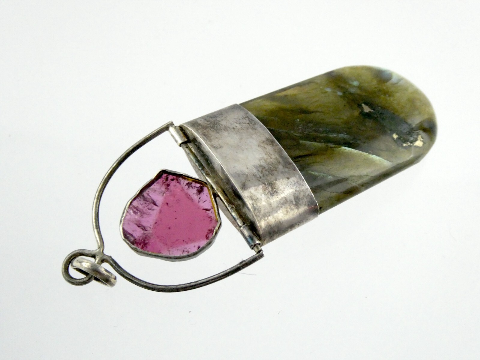 Sterling Silver Pink Tourmaline Slice Labradorite Moonstone Pendant 925 24.2g