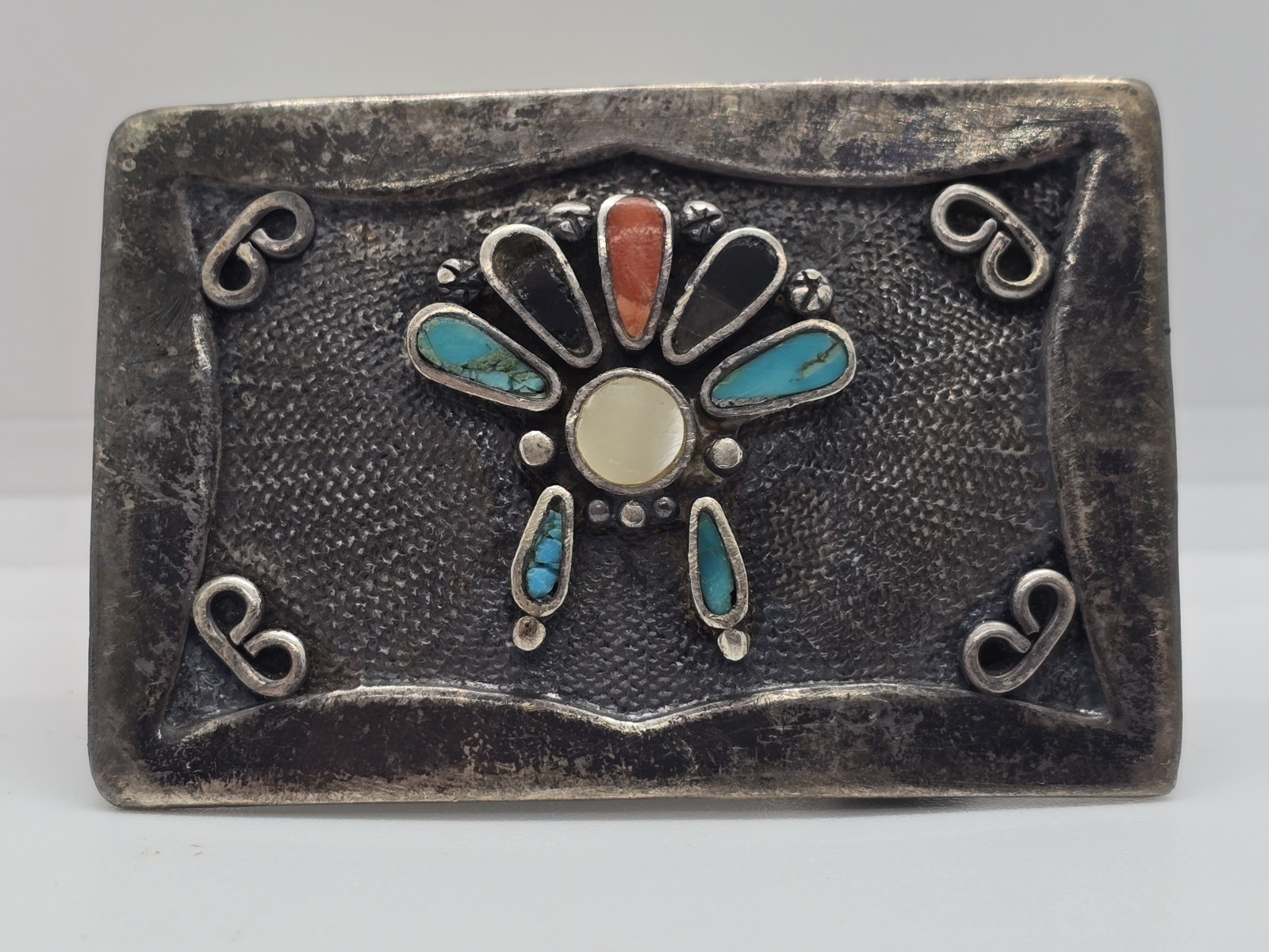 Vtg 1970s Navajo Sterling Silver Turquoise Coral Buckle Pendant Set Signed Begay