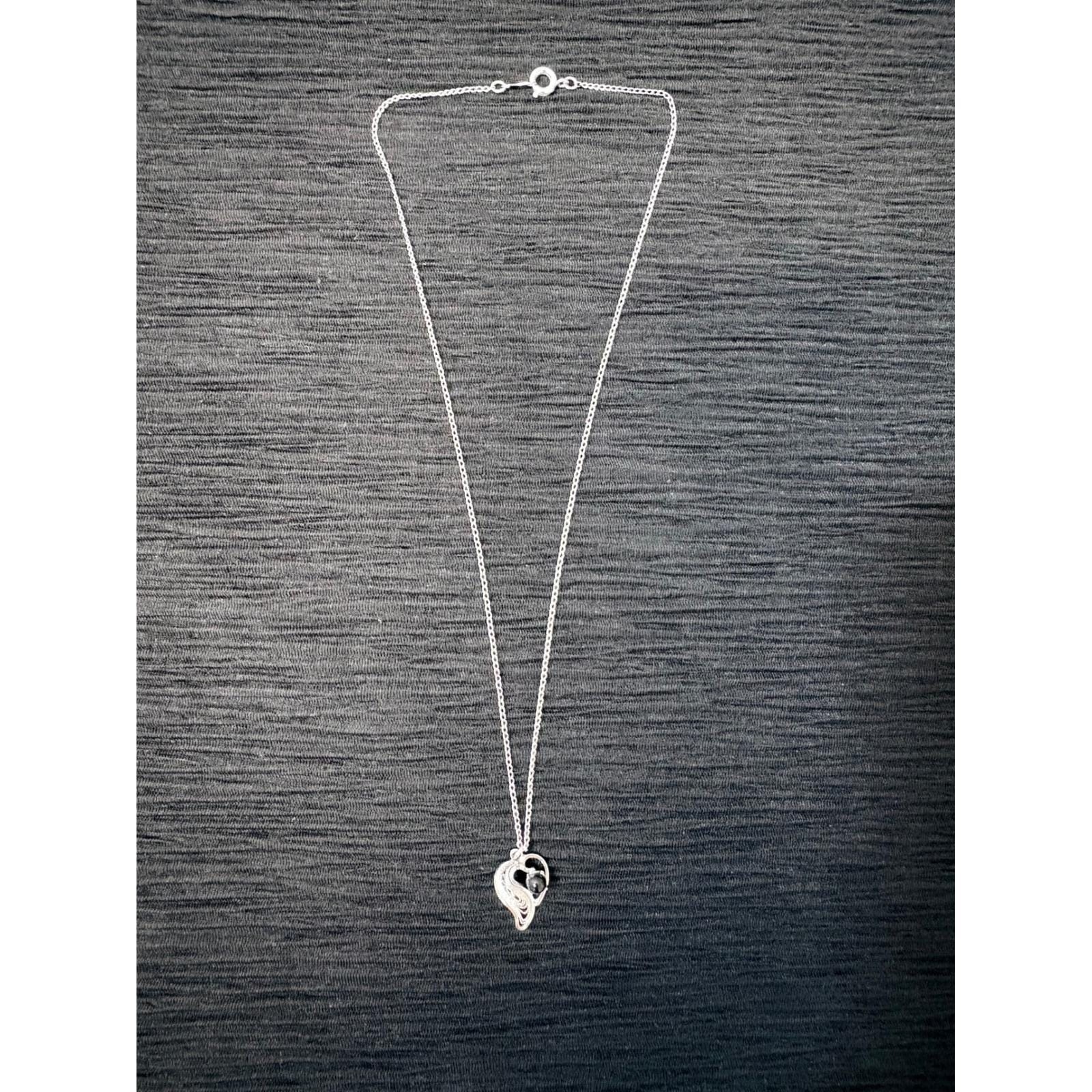 Vintage Coro Sterling Silver Filigree Heart Pendant Necklace Black Bead 15.5in