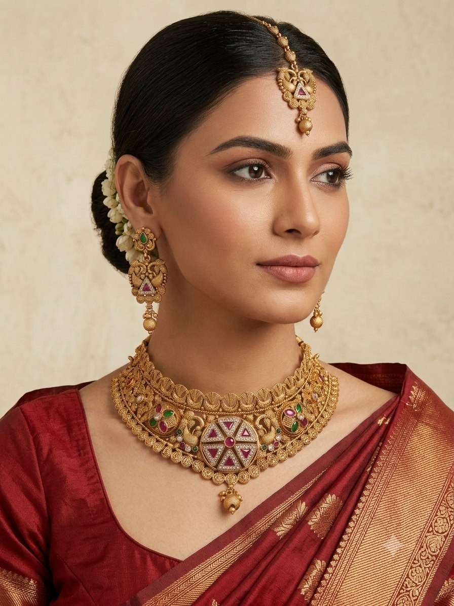 Indian Bollywood Kundan Choker Necklace Earrings Maang Tikka Bridal Jewelry Set