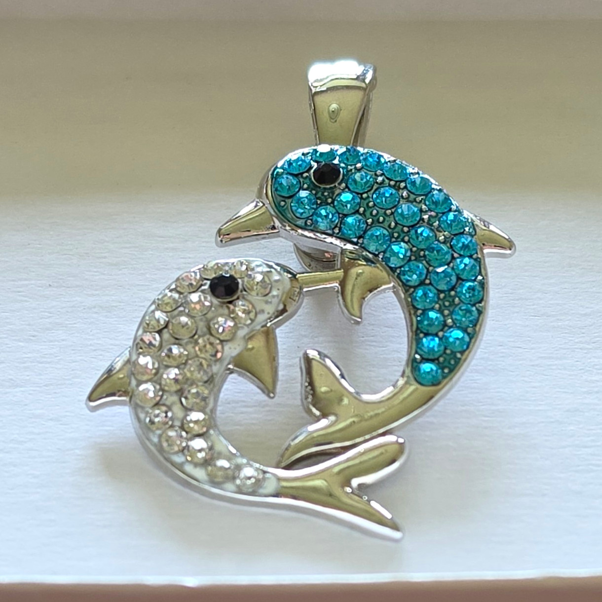 Silver Tone Blue Crystal Rhinestone Dolphin Charm Pendant Pavé Asymmetrical