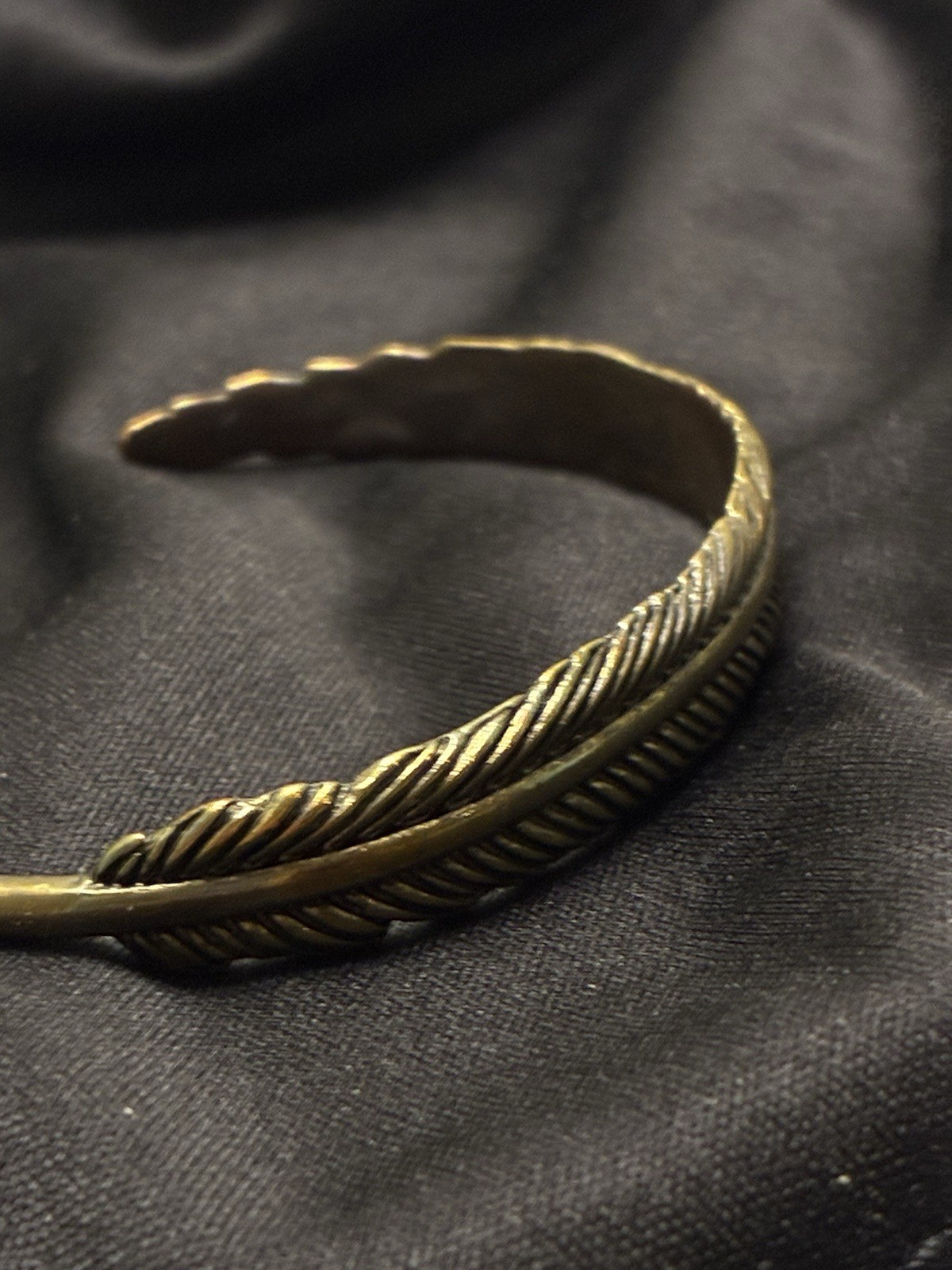 Vintage Textured Brass Feather Cuff Bracelet Wide Western Boho