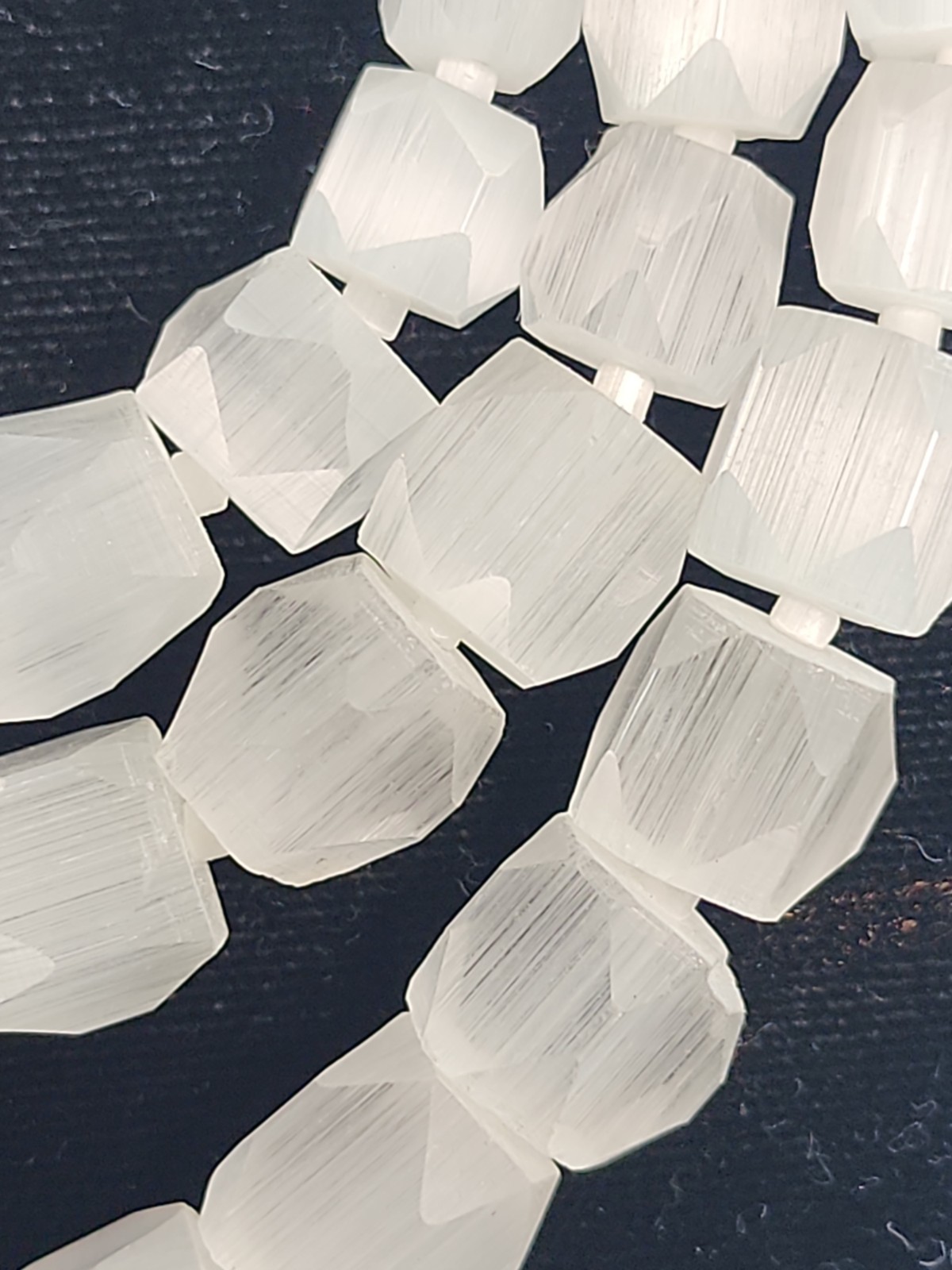 Vintage Czech Glass Triple Strand Necklace Pentagon Faceted White Satin Atlas