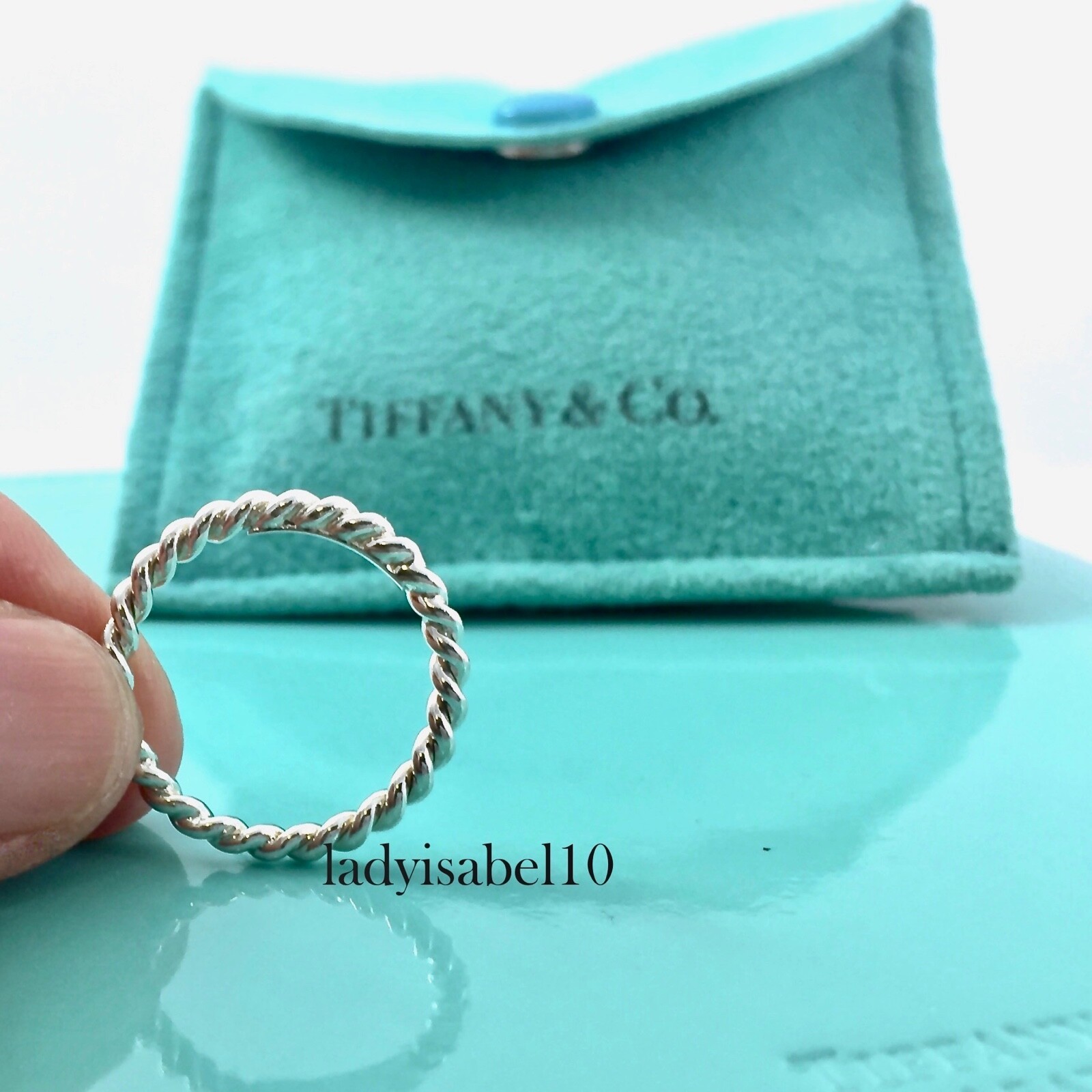 Sz. 5 Tiffany & Co. Twist Rope Narrow Band Ring Silver w Pouch Authentic -Italy