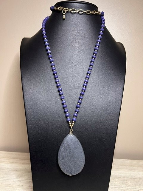 B6660 Blue Grey Aventurine Teardrop Pendant Wood Beaded Necklace 30″