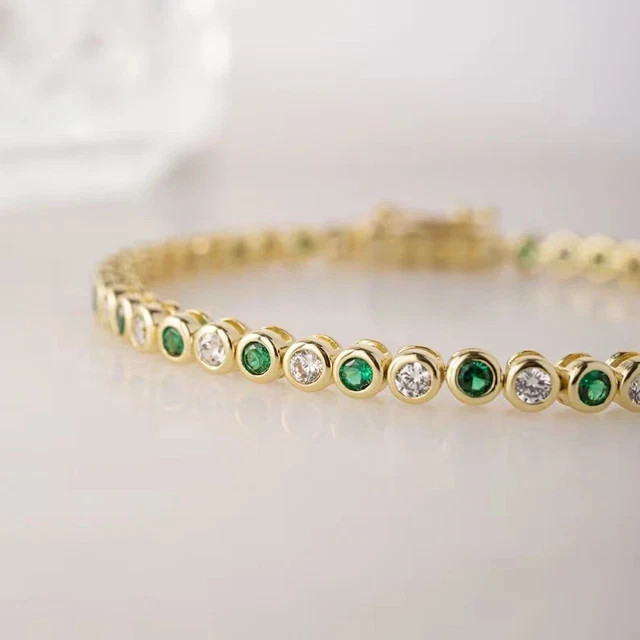 7TCW Round Cut Lab Created Green Emerald 14K Yellow Gold Plated Tennis Bracelet