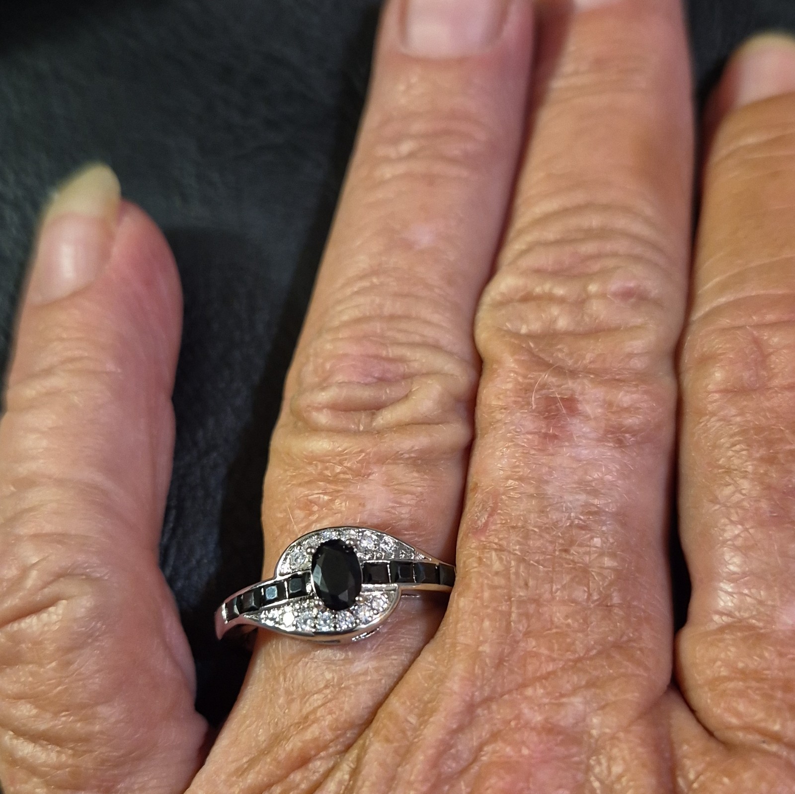 925 Stamped Silver Oval Black Rhinestone Cocktail Ring Size 7,8,9,&10 Avail.