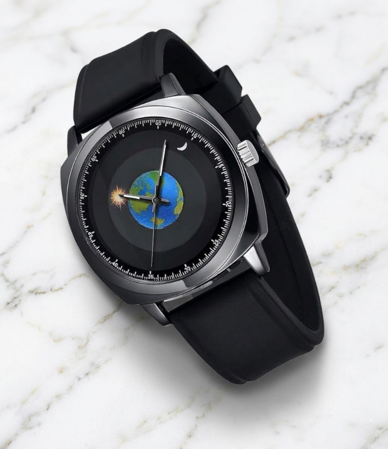 Men’s Creative World Map Watch Black Dial Gray Case Earth Moon Sun Black Strap
