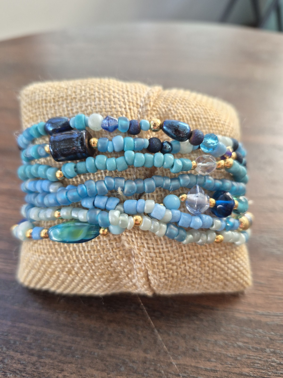 Blue Multi-Strand Beaded Wrap Charm Bracelet “Stick Together” Dangle, Stackable