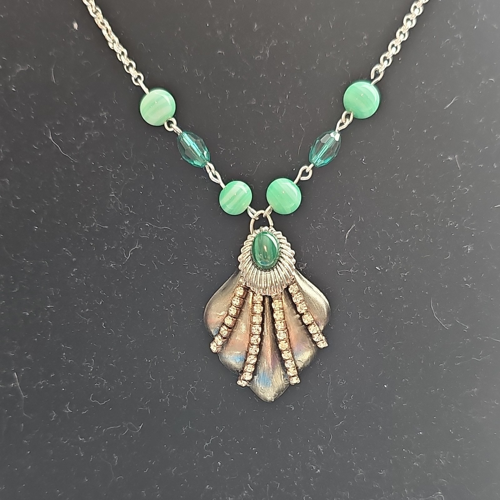 Assemblage Necklace Vintage Czech Glass Beads Malachite Cab Pendant Silver Tone