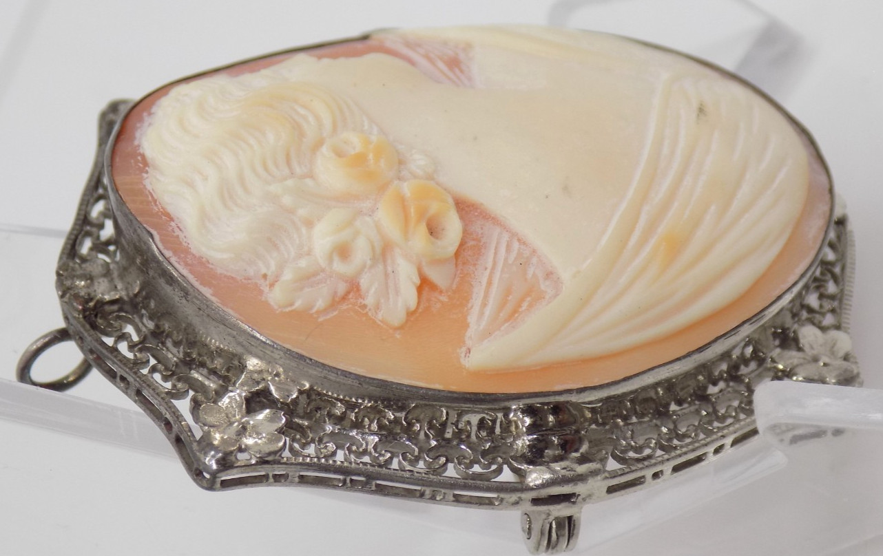 Antique 800 Silver Cameo Carved Maiden Filigree Floral Brooch Pin Pendant