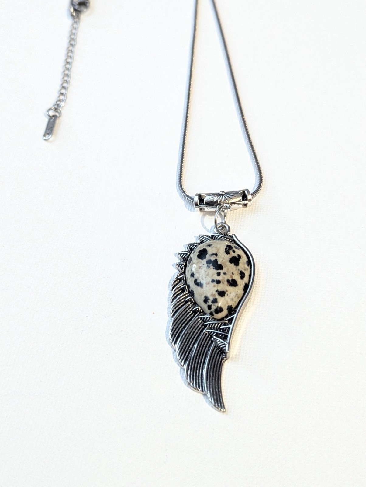 Stainless Steel Angel Dalmatian Jasper Wing Necklace Adjustable Snake Chain