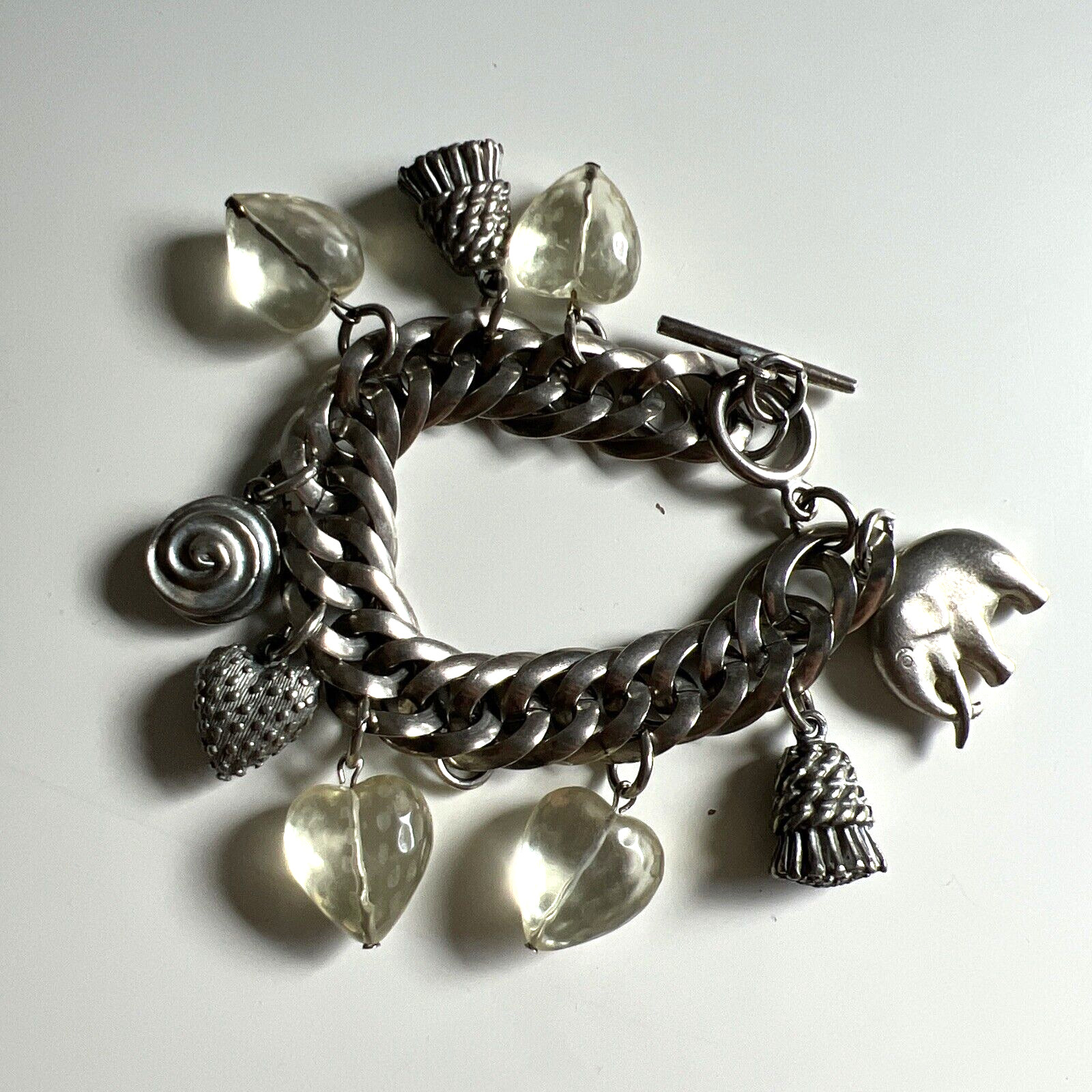 Vintage Silver Metal Chain Charm Bracelet Jewelry Lucite Heart Elephant Tassel