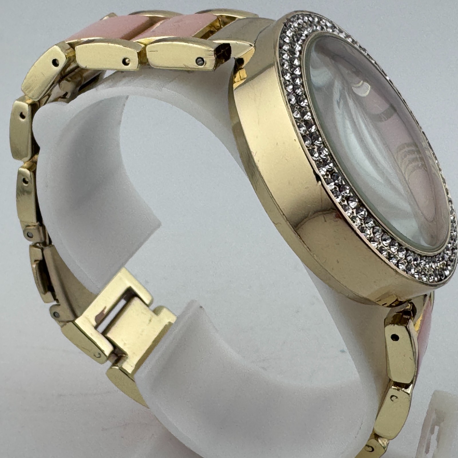 US Polo Assn Quartz Watch Women 40mm Gold Tone Pink Rhinestone New Battery 6.75″