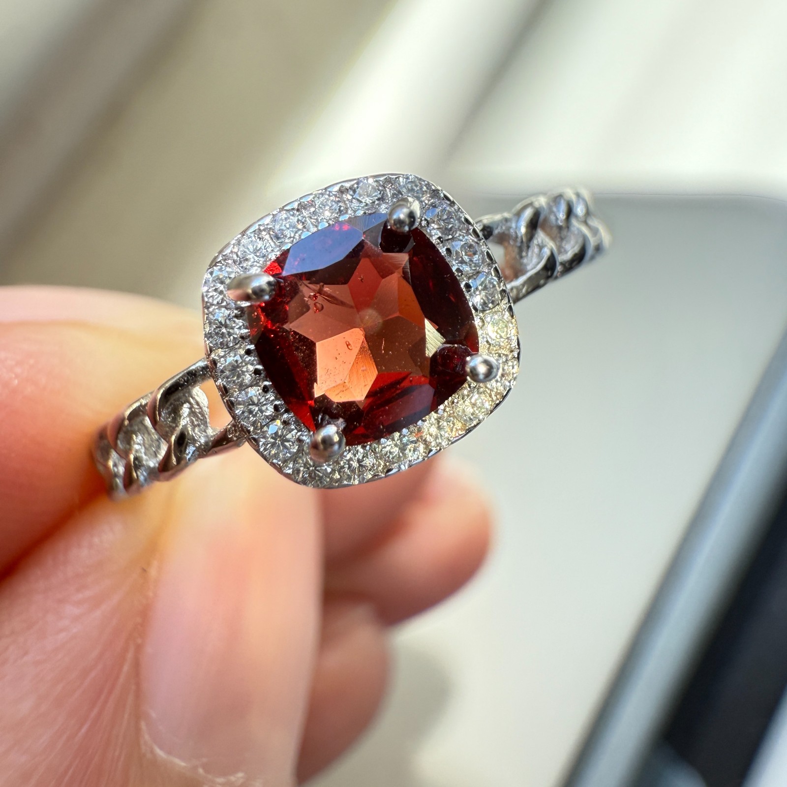 925 Sterling Silver Ring 5mm Natural Rhodolite Garnet Zircon Handmade Chain Gift