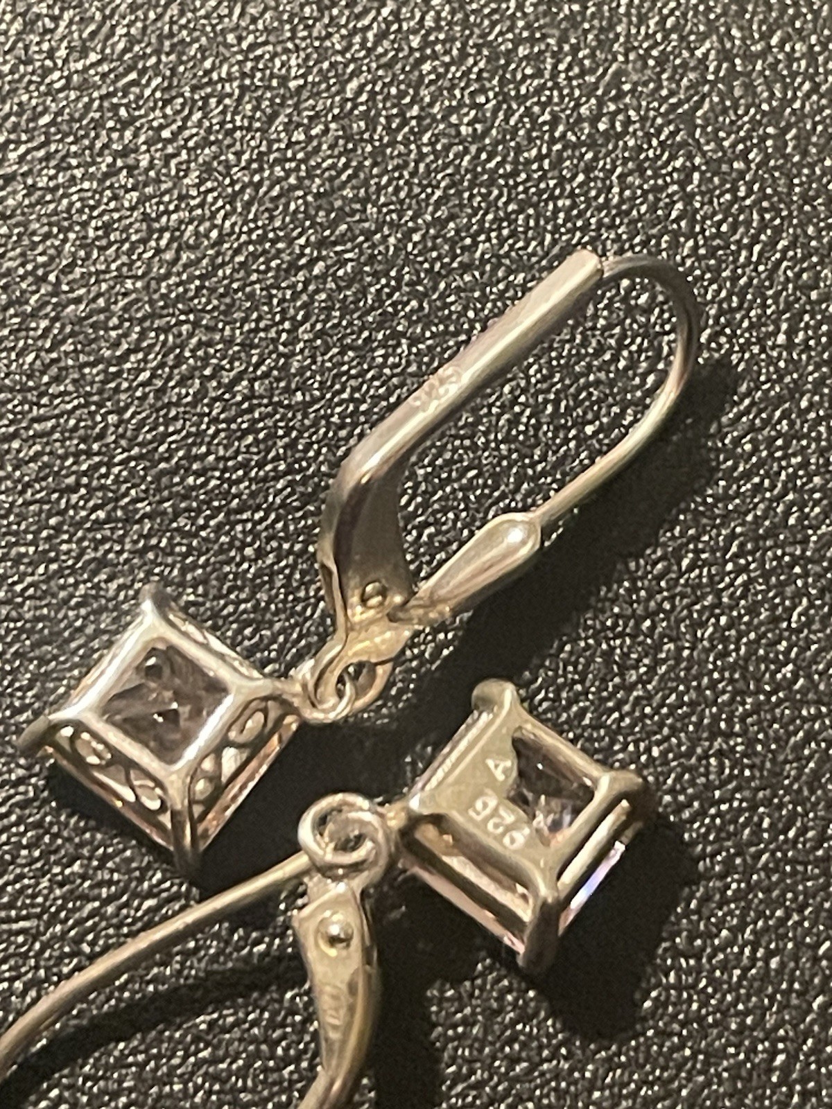925 Sterling Silver Pink Princess Crystal Dangle/Drop Earrings Leverback Signed