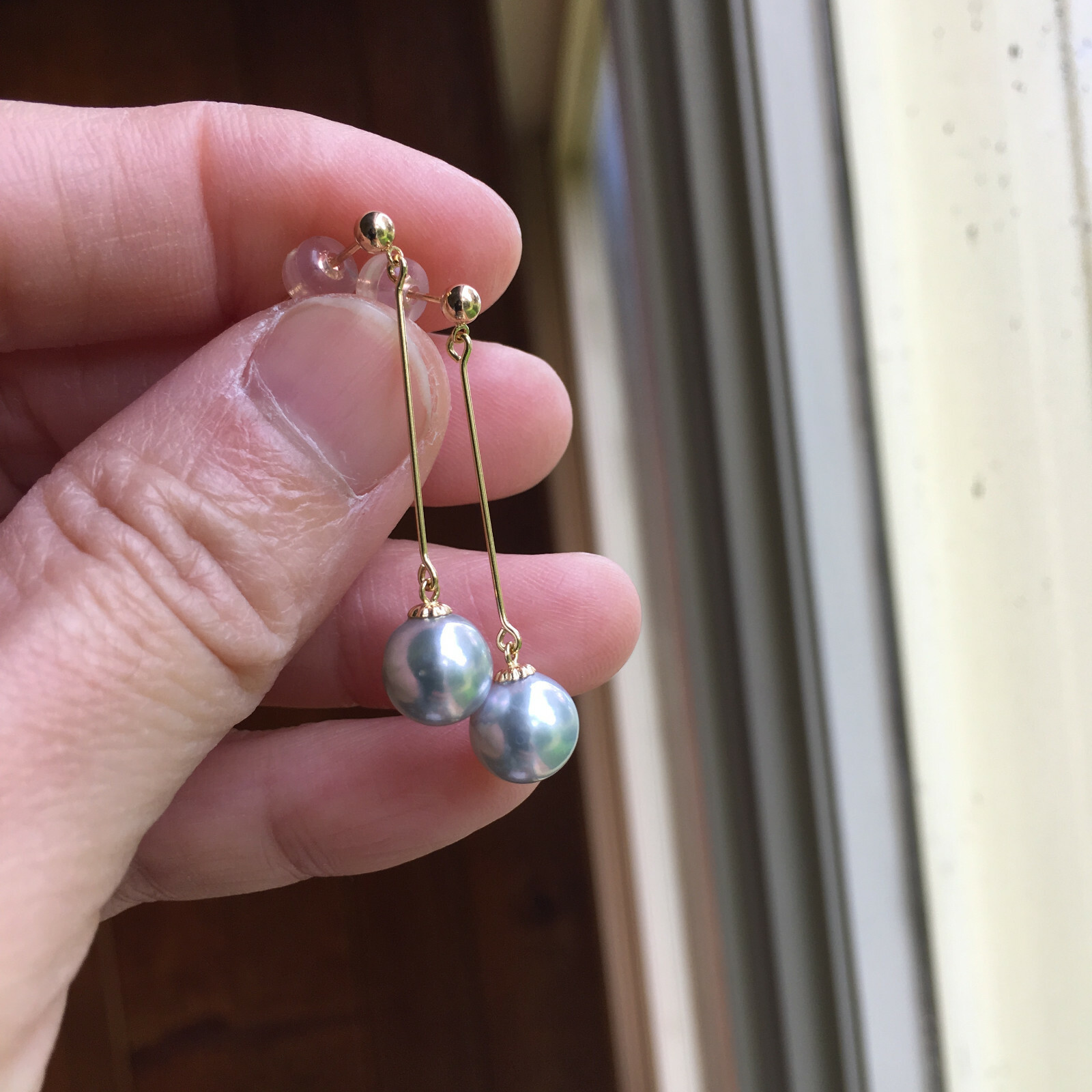 8mm Japan Seawater Akoya Fairy Pearl Earring stud 18K Gold 9.8cts 37.5mm #132
