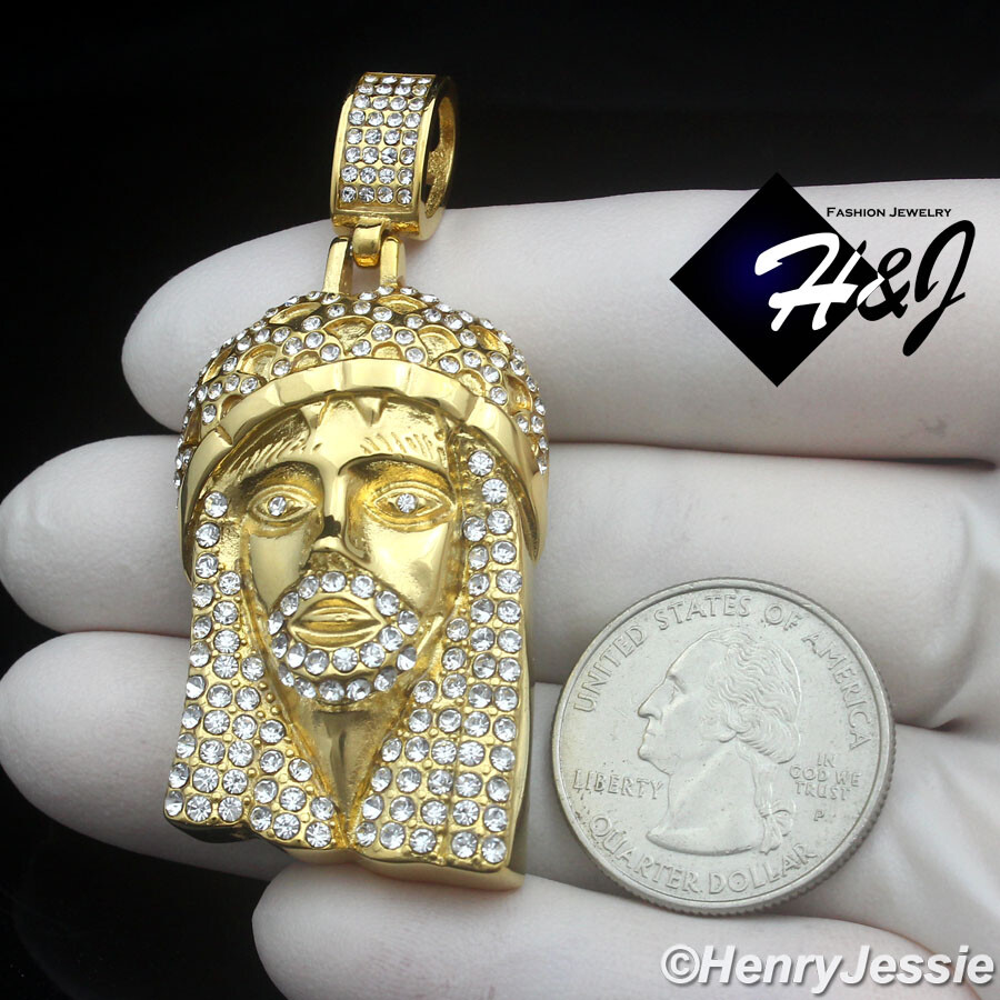 18″-40″MEN Stainless Steel 5mm Gold Plated Cuban Chain CZ Jesus Face Pendant*150