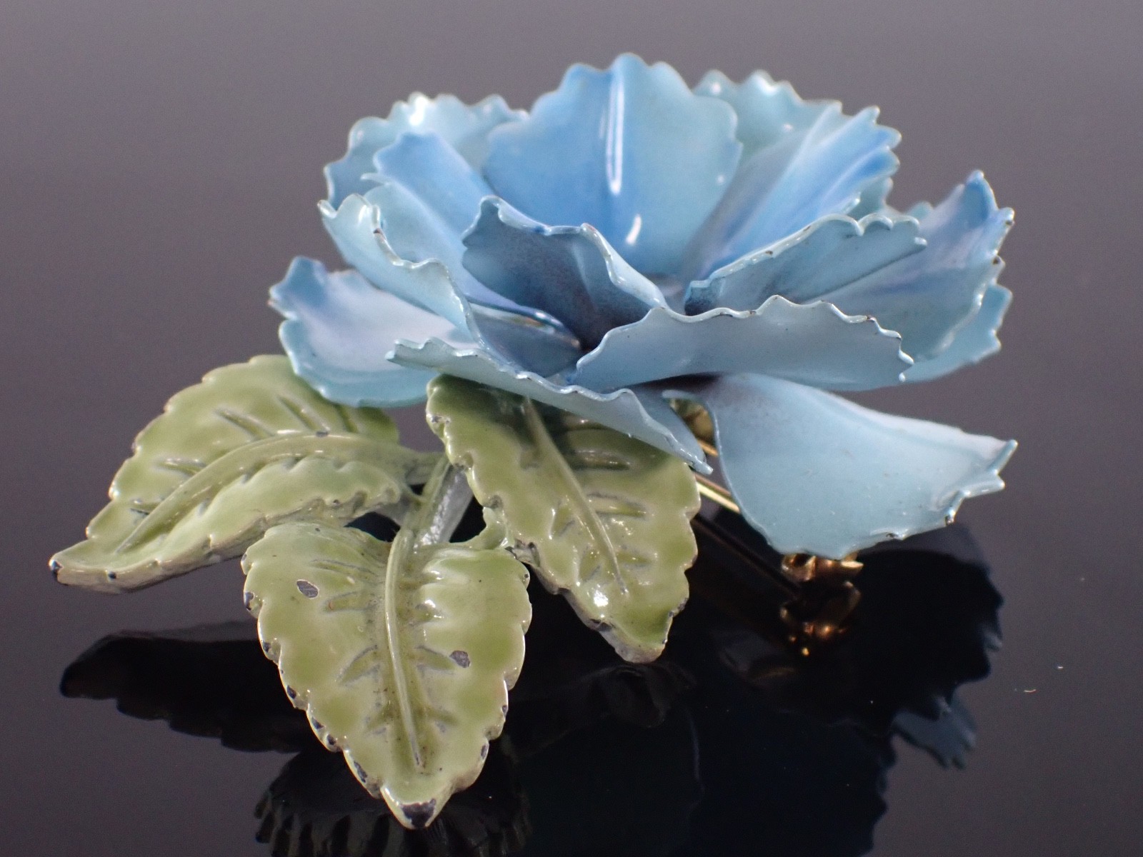 Vintage Blue Enamel Flower Brooch Glass Rhinestone Center Mid Century