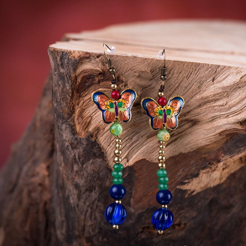 New Enamel Butterfly Earrings Glass Drop Dangle Long Ethnic