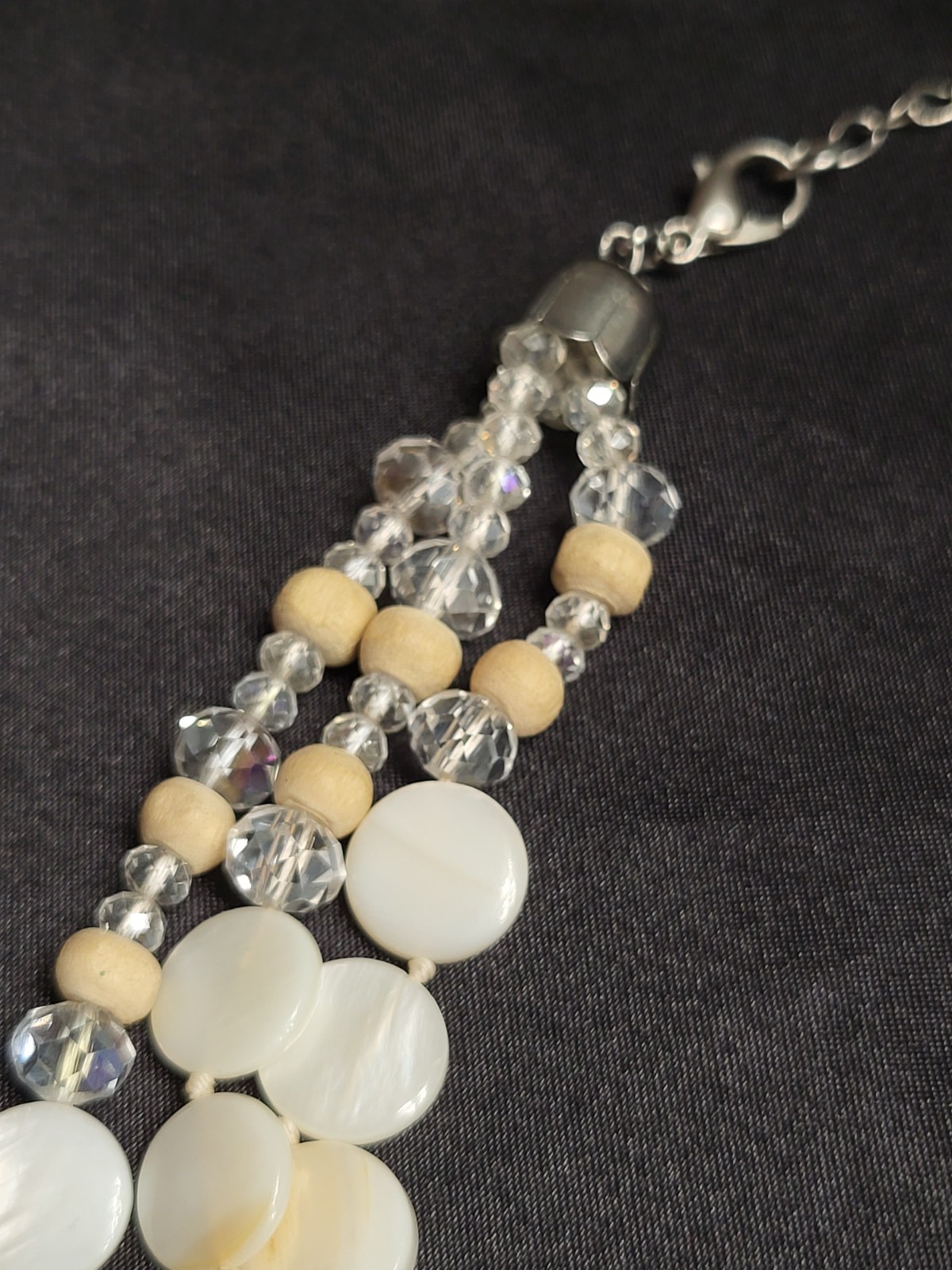 Boho Multi Strand Mother of Pearl Shell Necklace Clear Crystal Wood Bead Layered