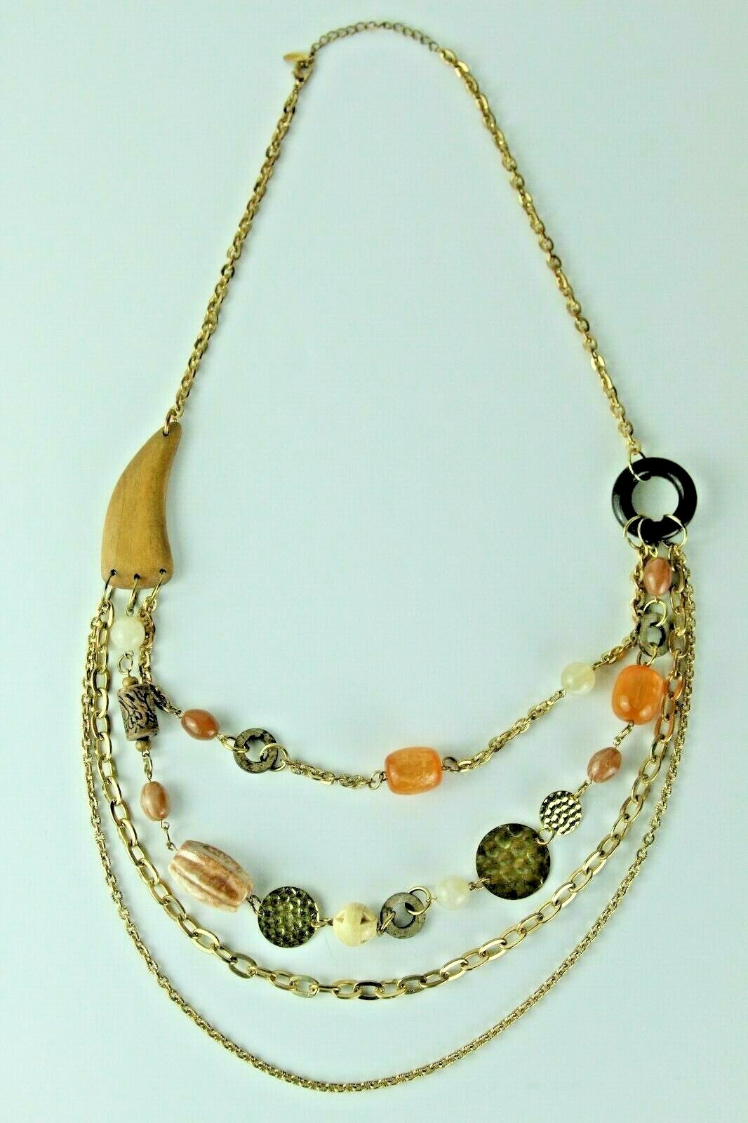 Sharks Tooth Necklace Earth Wood Beaded Chain Surfer Tribal Beach Jewelry