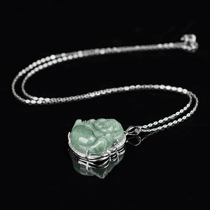 Natural A Grade Bean Jade Laughing Buddha S925 Silver Pendant Women Holiday Gift