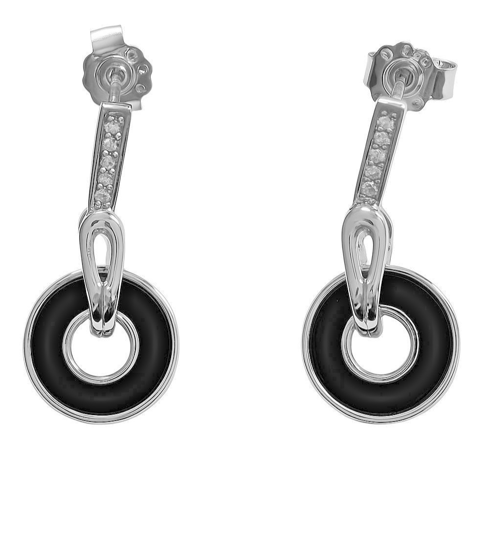 Silver 925 Ladies Earrings Studs Onyx Black Round and 10 Cubic Zirconia White