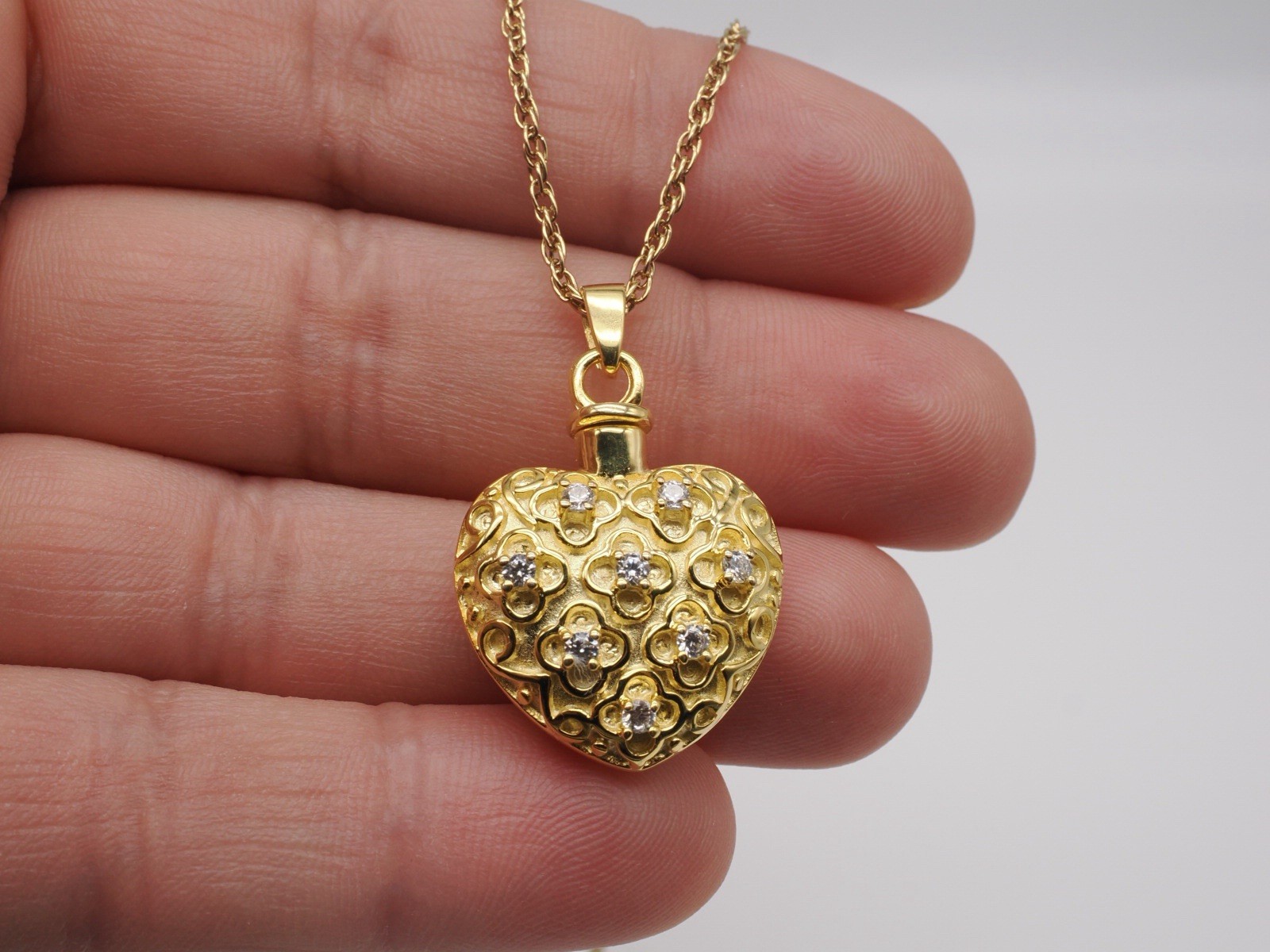 Heart Cremation Keepsakes Gold Plated Over 925 Sterling Silver Pendant Cz Stones