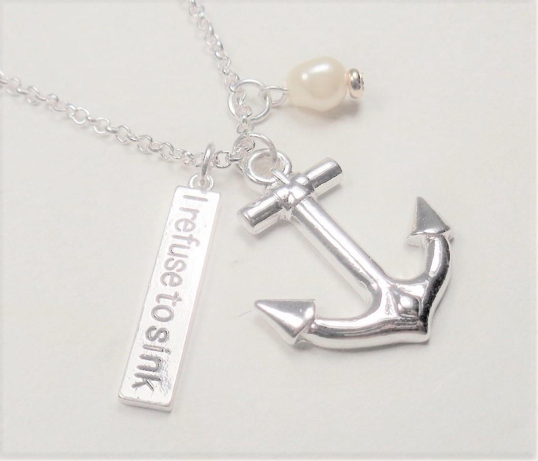 BEACH FASHION SILVER RHODIUM NAUTICAL I REFUSE TO SINK ANCHOR PENDANT NECKLACE