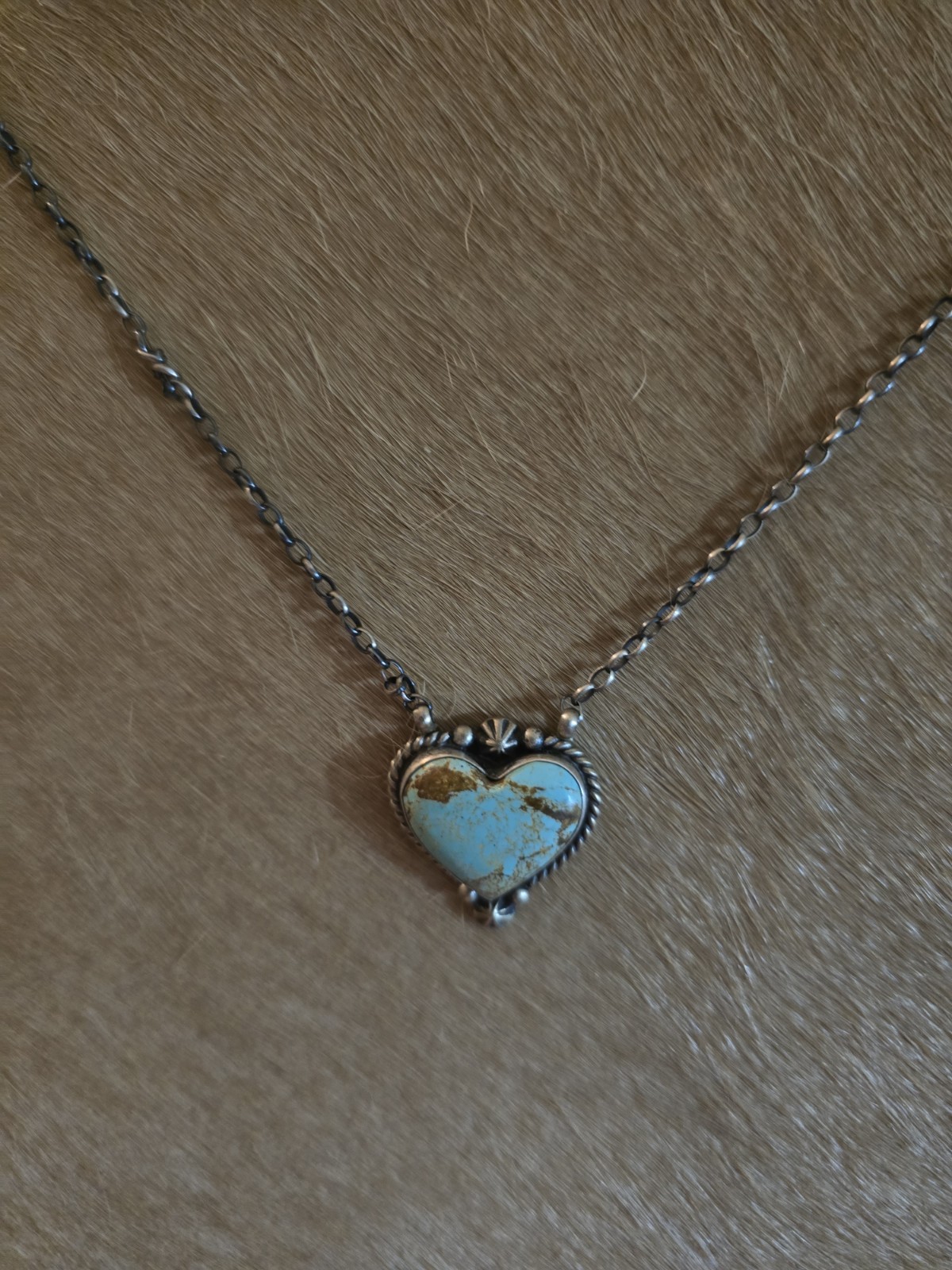 Johnny Dixon Signed Sterling Silver Turquoise Heart Pendant Necklace Cable Chain