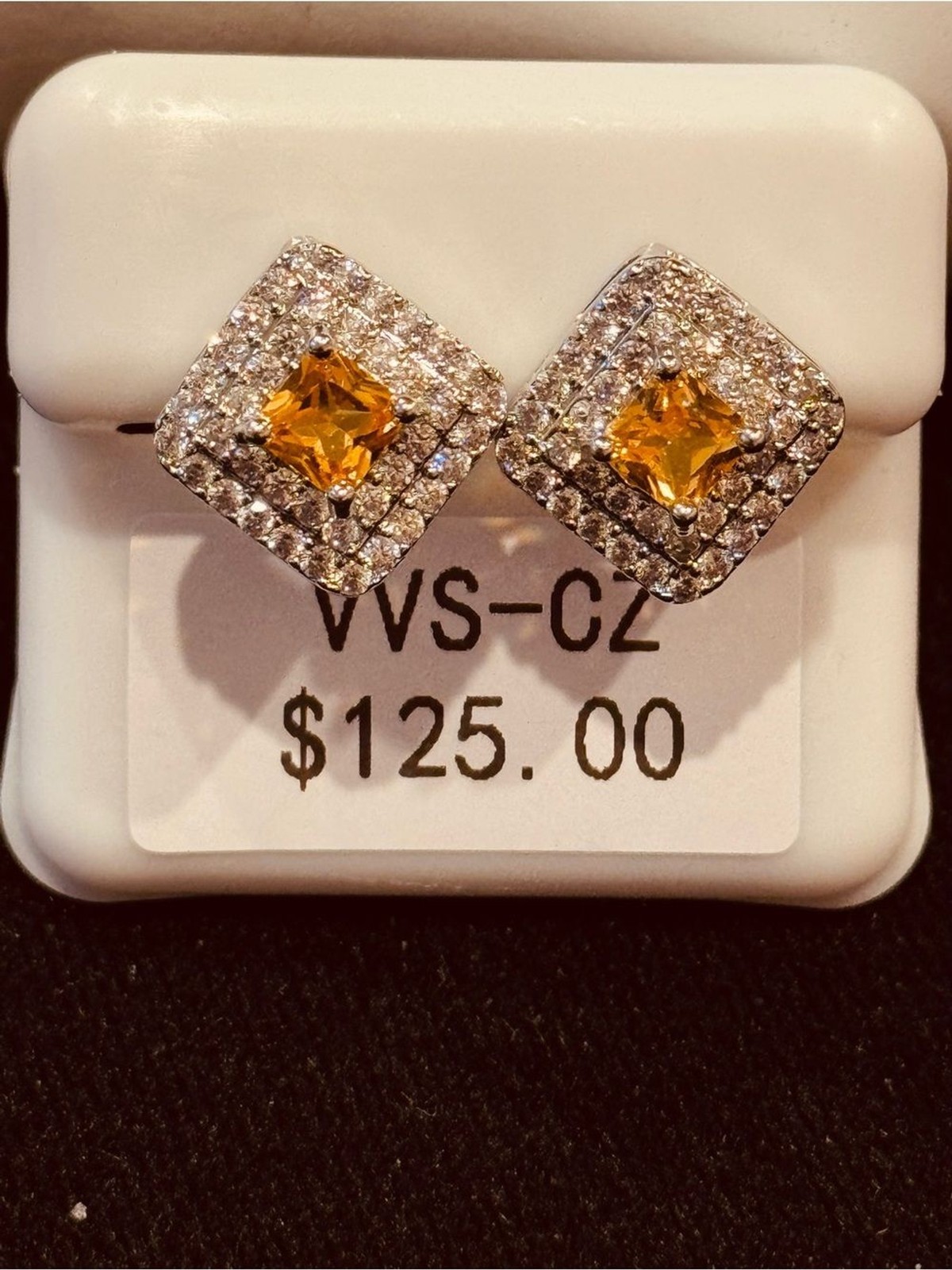 AJ USA Yellow Cubic Zirconia Square Halo Stud Earrings
