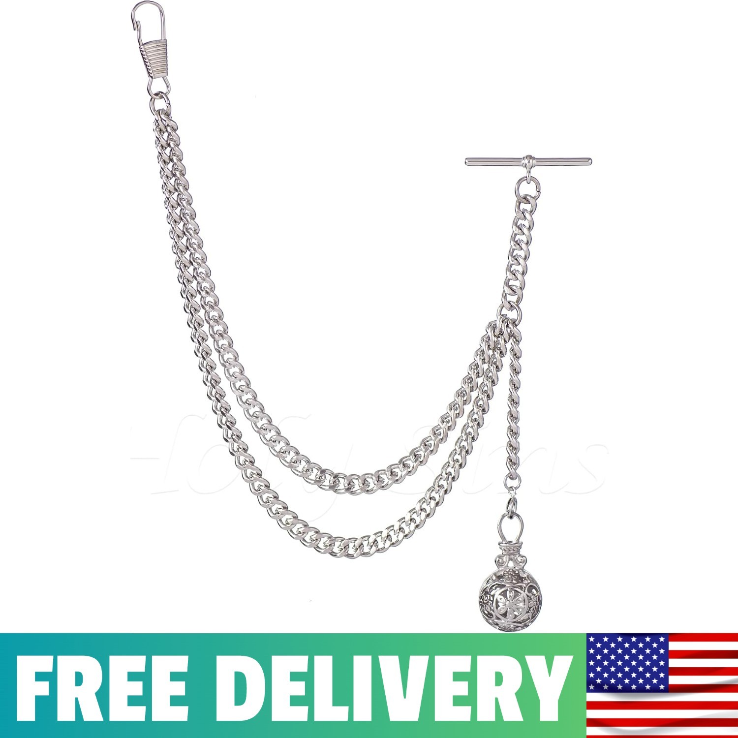 Handmade In The UK Silver Colour Single Albert Pocket Watch Chain With Pendant