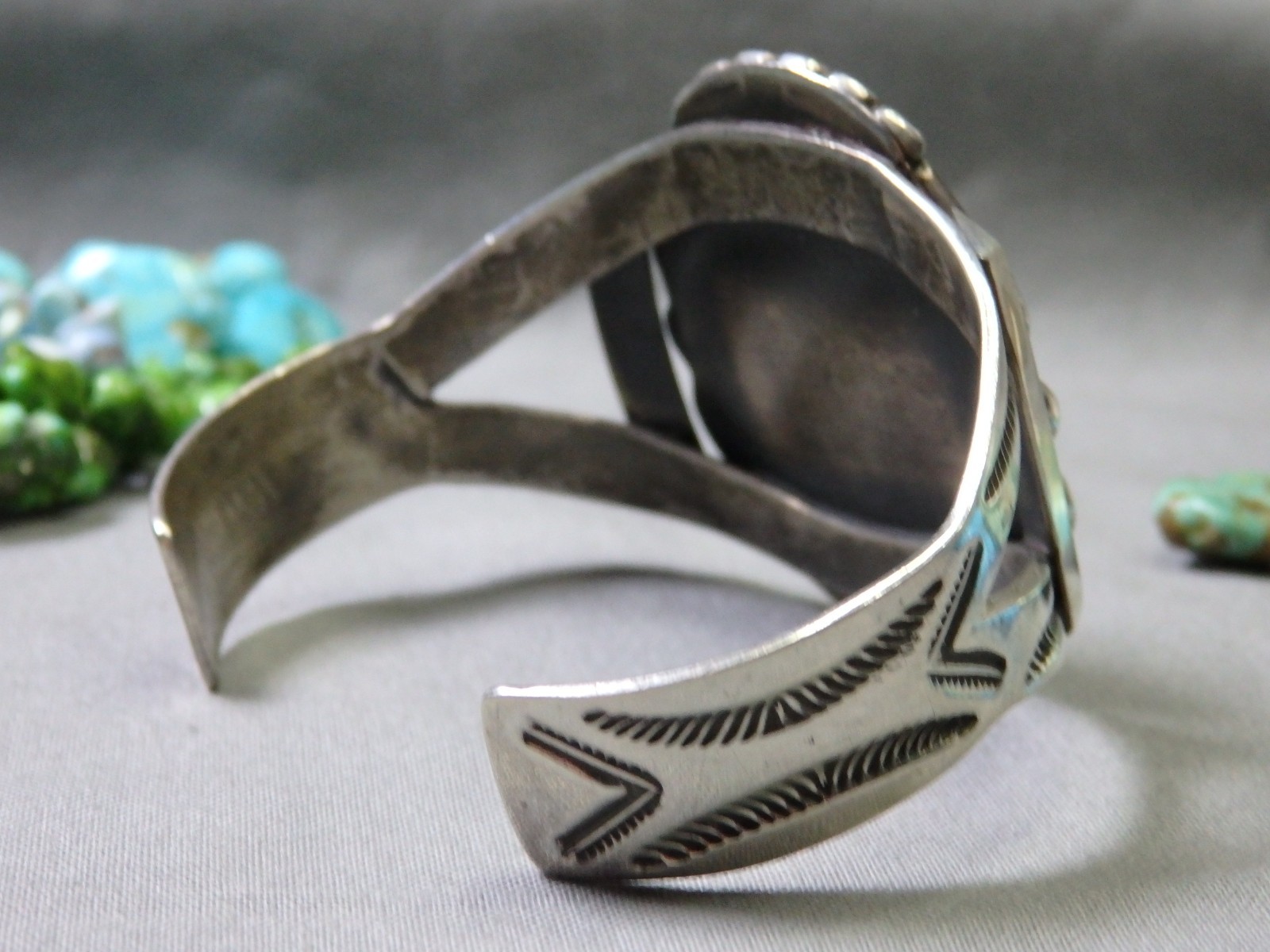 Fred Harvey Era NAVAJO Natural BLUE GEM TURQUOISE Coin Silver 50g CUFF Bracelet