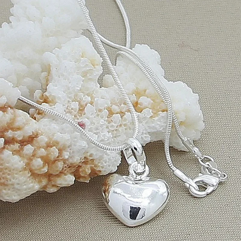 Fine 925 Sterling Silver Solid Heart Necklace 18-24 Inches Snake Chain For Women