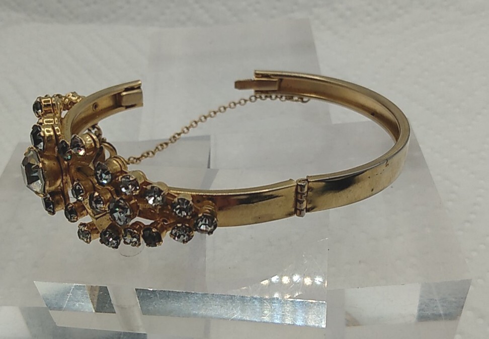 Vintage Gold Tone Rhinestone Hinged Bracelet With Safety Chain