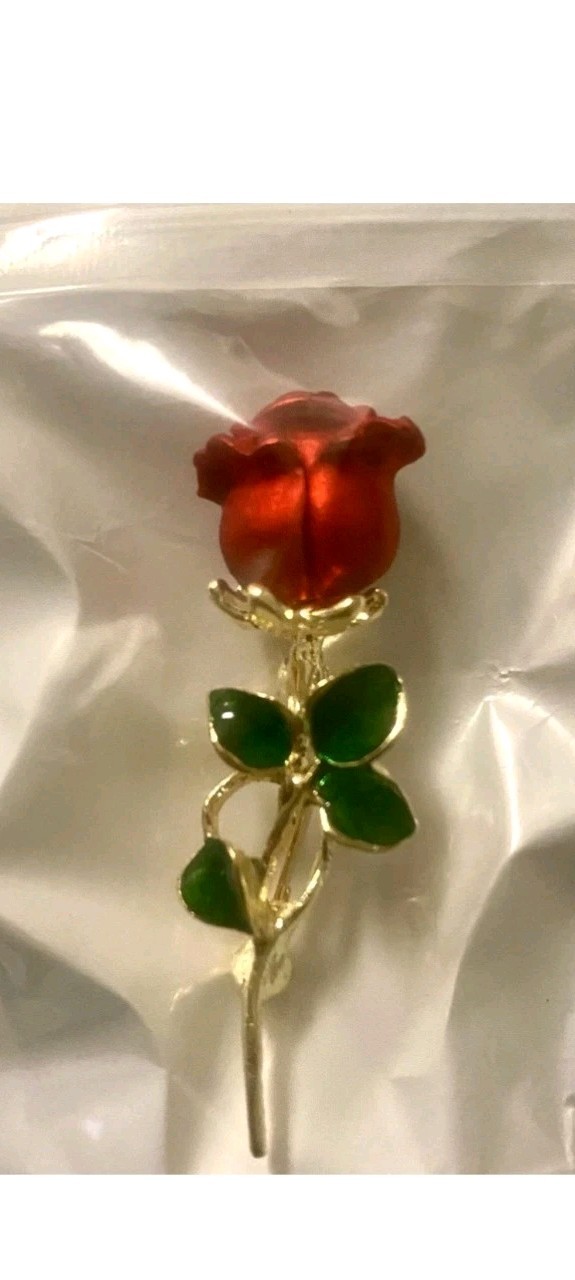 Red Rose Gold Tone Metal Enamel Brooch Pin with Green Leaves