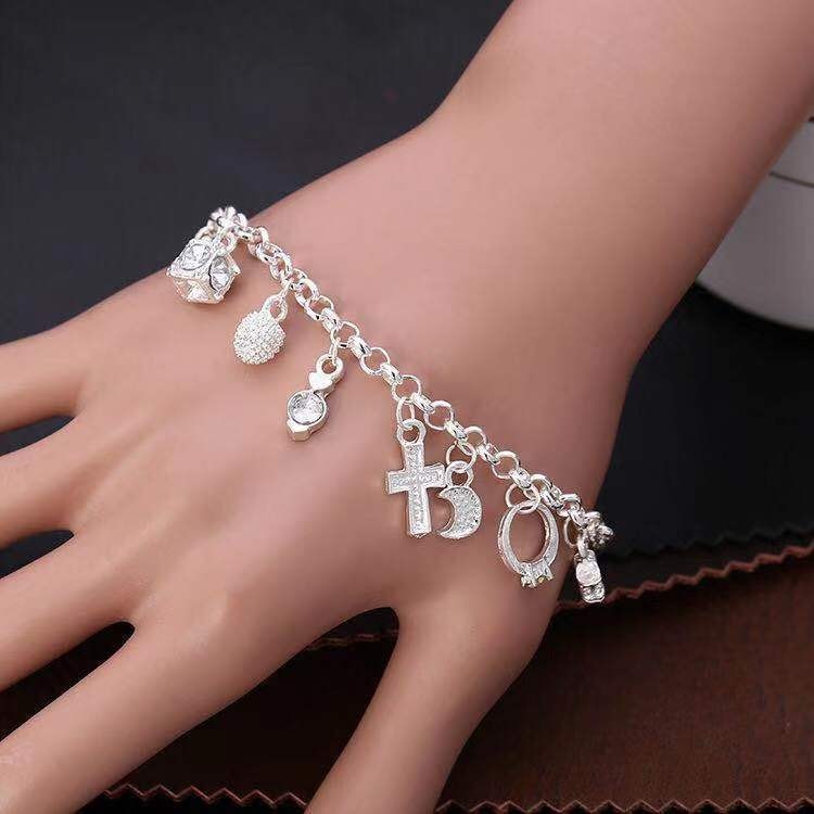 Boho Shining CZ Multiple Dangle Charm Silver Plated Alloy Chain Bracelet