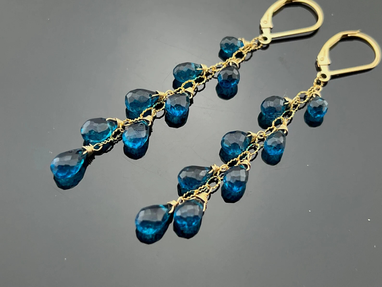 Genuine London Blue Topaz Cascade 14K Gold Filled Dangle Leverback Earrings