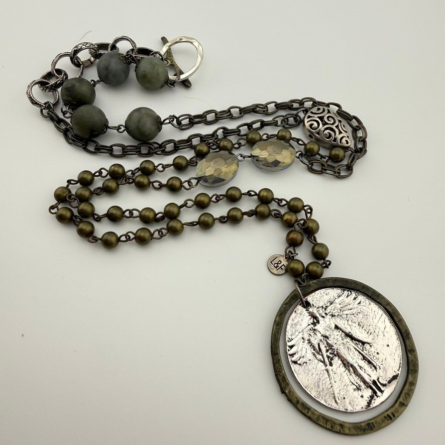 L&F Silver Tone Necklace WWI Victory Medal Pendant Mixed Metal Beaded Layered