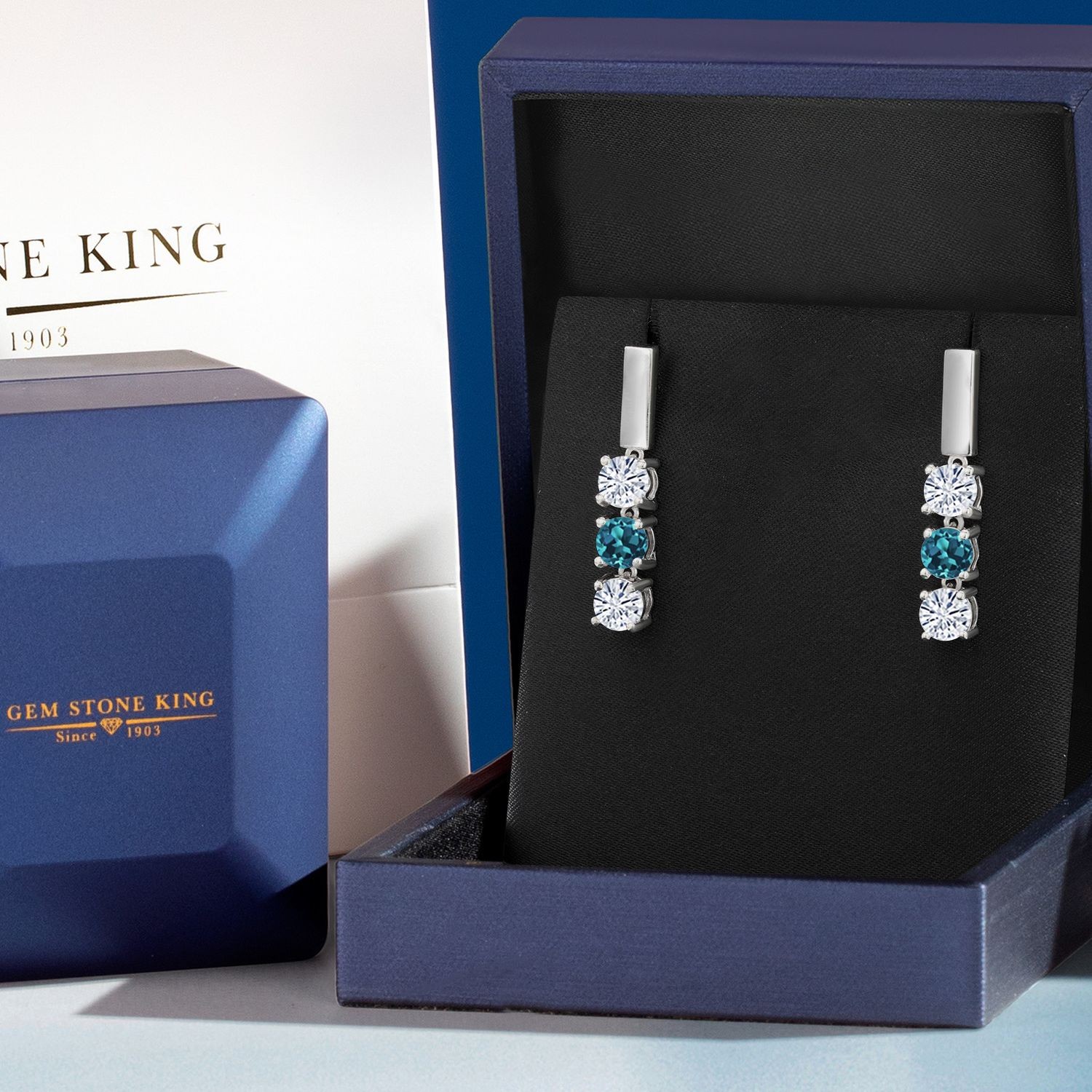925 Sterling Silver London Blue Topaz Earrings Set with Moissanite (1.70 Cttw)