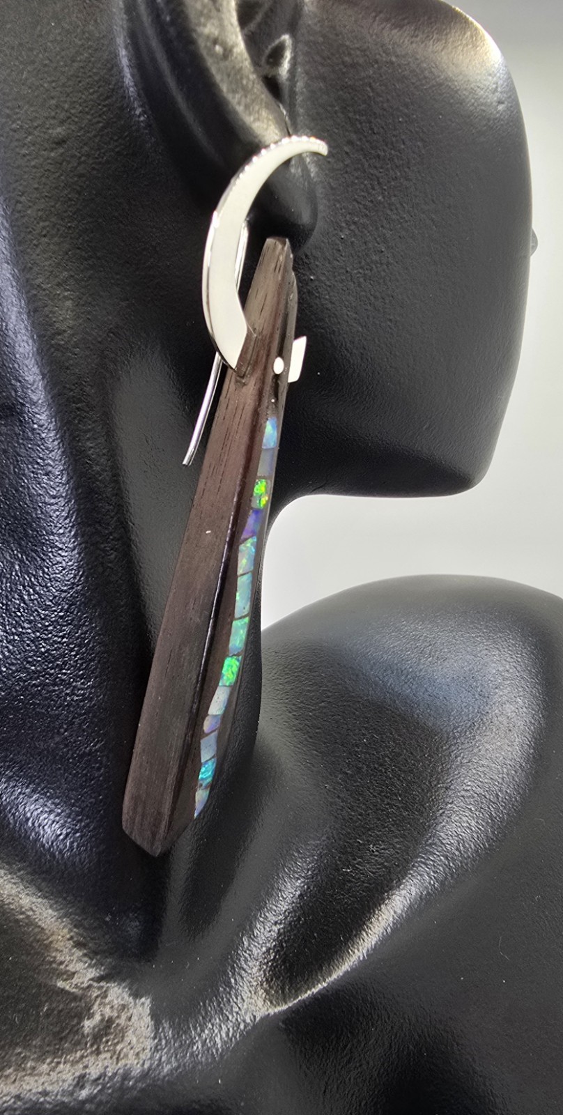One of a Kind Hand Carved Ebony Earrings with Natural Opal Sterling Silver