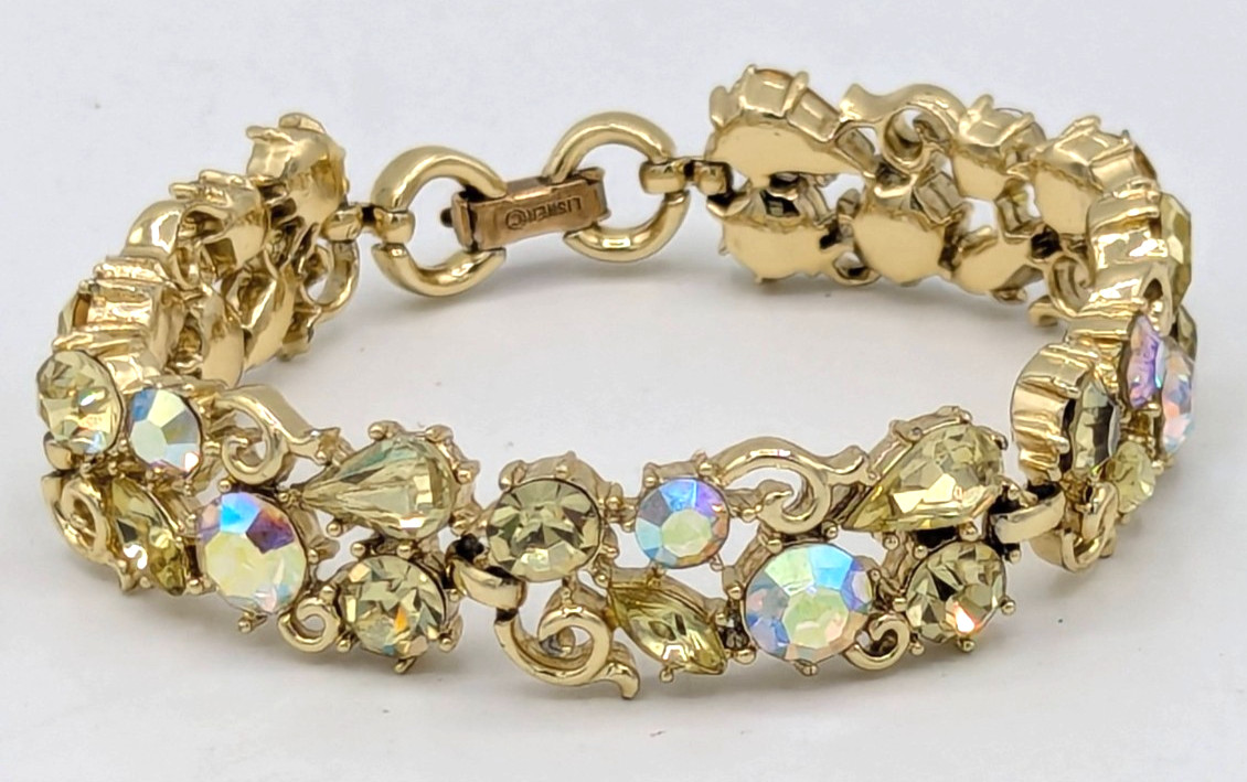 Vintage Lisner Jonquil Yellow Rhinestone Bracelet AB Crystal Gold Tone MCM