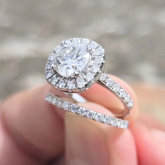 2CTW Round Cut Moissanite Engagement Halo Bridal Set Ring 14k White Gold Plated